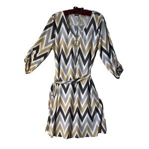 Tacera Women's Dress Chevron Black Gray Tan White Gold Zipper V Neck Medium